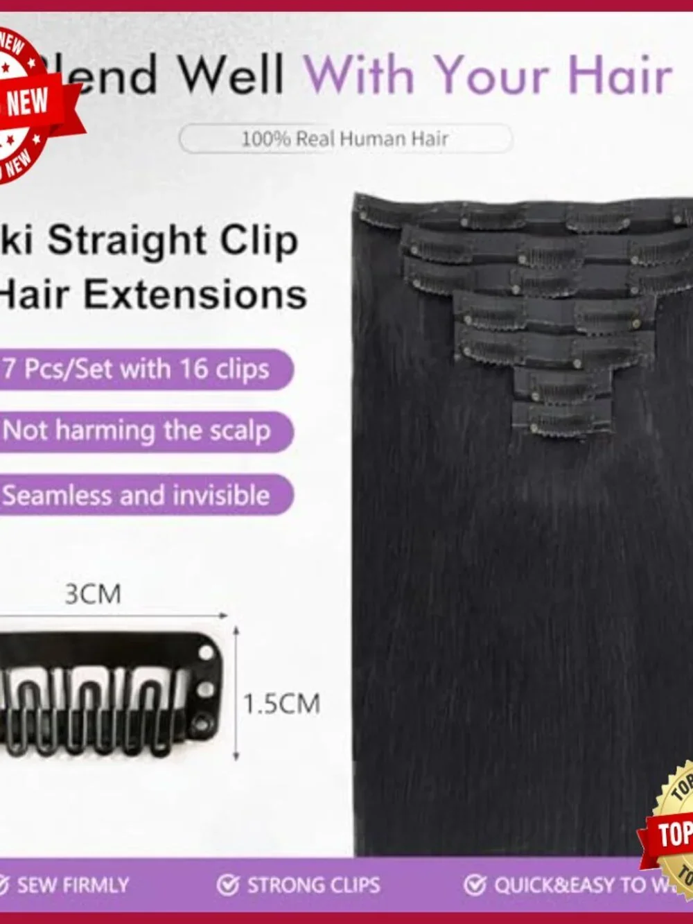 24 Inch Human Hair Extensions 7 Piece Clip In Set Yaki Straight